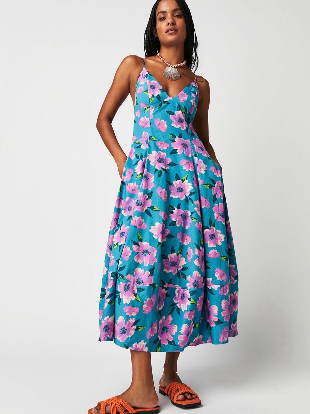 Free People Finer Things Midi Dress L Teal Combo NWT Floral